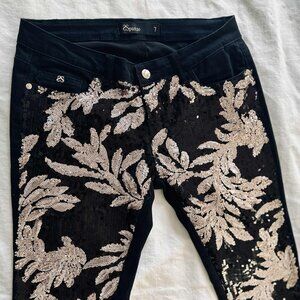 Sparkle Black Skinny Jeans with Full Front Rose-Gold & Black Sequin Panel – US 6